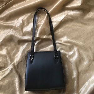 EUC VTG Ferragamo matte black leather shoulder bag with black gancini hardware